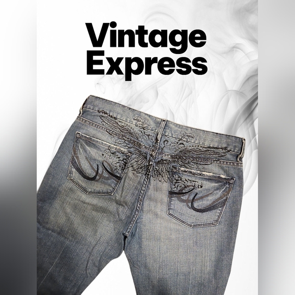 Express SZ 12L Y2k Graphic Detail Stretch Eva Bootcut Vintage Biker Blue Jeans - Picture 1 of 13
